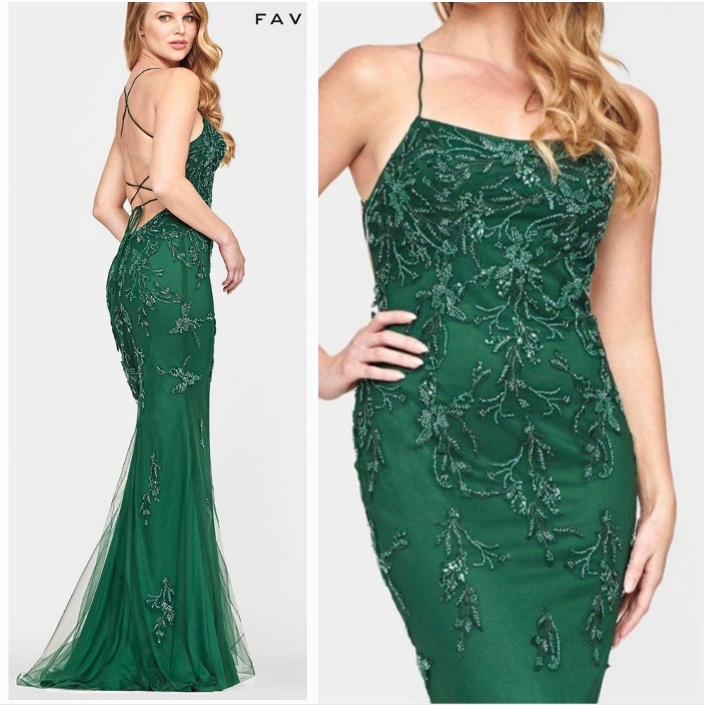 NWT Faviana S10634 Hunter Green Beaded Open Back‎ Sexy Mermaid Formal Prom Dress